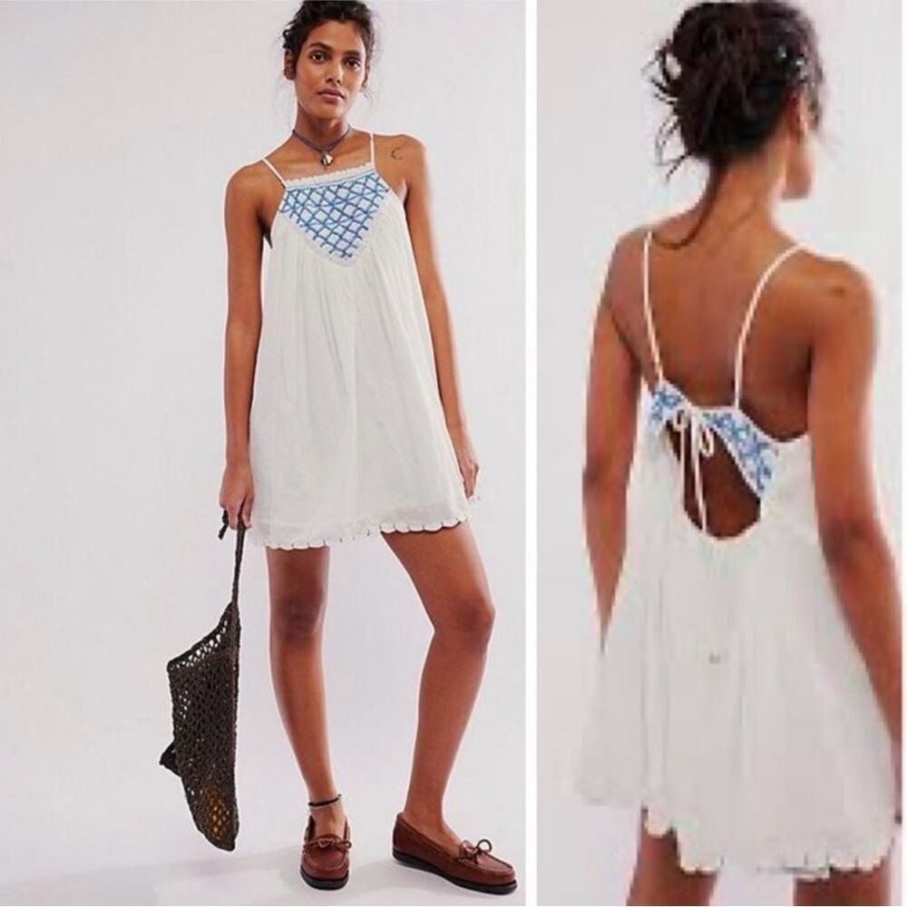 New Free People Crystal Cove Smocked Mini Dress In White Blue Embroidery L